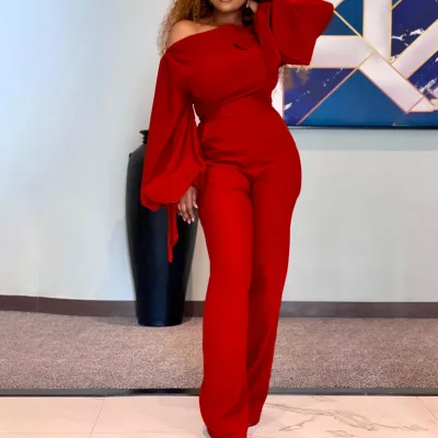 Casual Summer Office African Plus Size Wide Leg Jumpsuit Set off Shoulder High Waist with Breathable Lantern Sleeves
