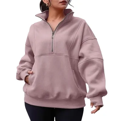 OEM Women Hoodie High Quality Heavyweight 100% Cotton 400gsm Half Zip Oversized Pullover Sweatshirt