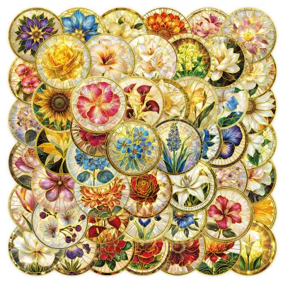 50PCS Elegant golden round floral aesthetic art flower sticker
