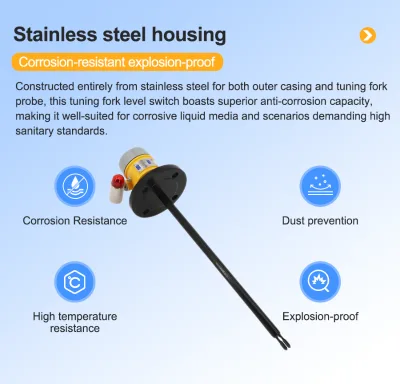 DN50 Flange Mount Tuning Fork Level Switch With Built-in Sound Light Alarm Anti-Corrosion Coated Probe Liquid Level Sensor