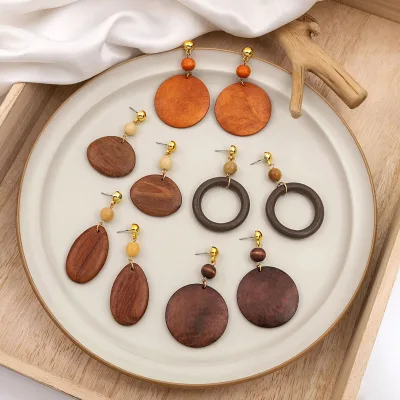 Geometric wooden earrings, retro, simple, exaggerated and hollowed-out design, round wooden earrings for women