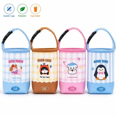 Polyester Cup Holder Bag Buckle Handle-Kawaii Cartoon Animal Design | Cute Puppy Gingham Print | for Baby Bottles Cups