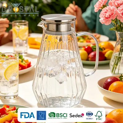 Wholesale Fluted Clear Glass Cold Water Carafe Heat Resistant Infuser Pitcher for Restaurant Daily Drinking