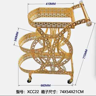 High Quality 3-Level Metal 4-Wheeled Golden Trolley Cart for Dining and Living Room Use Modern Design