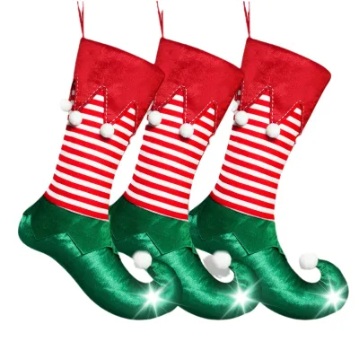 Large 33x50cm Durable Cloth Christmas Stockings Red and White Elf Pattern Gift Bag Holiday Decoration Socks for Xmas Party