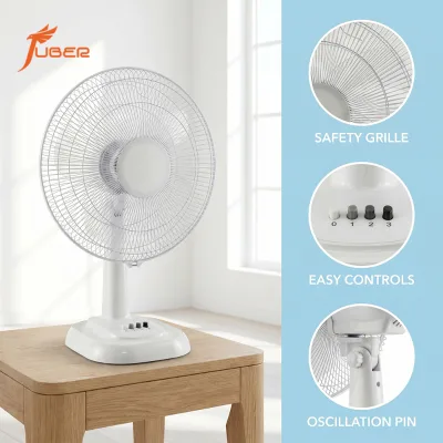 16 Inch White Table Fan Kid Safe Metal Mesh Grill Household Fan 3 Speed Oscillating Desk Fan for Family Use