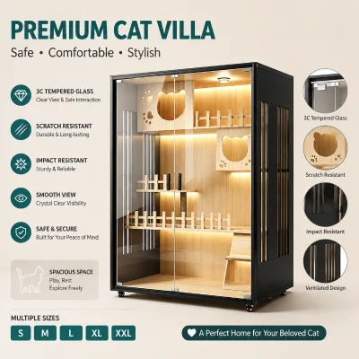 Luxury Cat Enclosure Furniture with Tempered Glass, Multi-Level Shelves & Safe Interaction