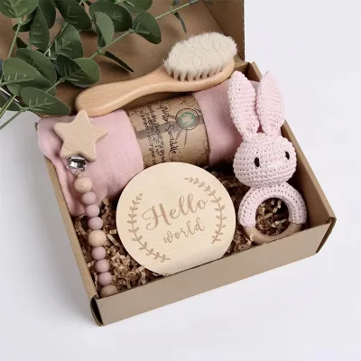 Eco-Friendly Non-Toxic Wooden Baby Rattle Set Infants' Toy with Crochet Details for Newborns and Baby Showers Gift Sets