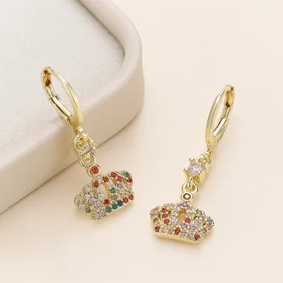 New Cross-border Vietnam Crown Micro-set Brass Hoop Earrings Crystal Rhinestone European American Queen's Crown Light Luxury