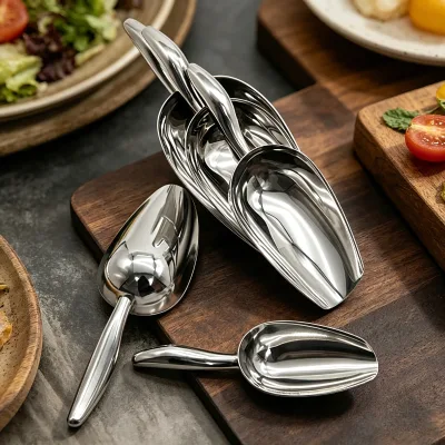 Rts NuoBaichen Stainless Steel Thickened Curved Handle Ice Scoop Heavy Duty Multi-purpose Ice Shovel for Bar Kitchen