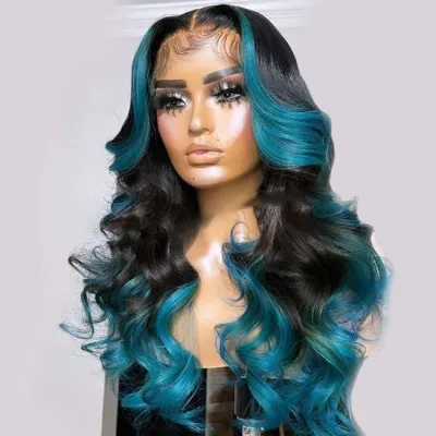 Remy Virgin Wholesale 13x4 Lace Front Wigs Two-Tone Loose Body Raw Virgin Human Hair 180 Density 13x6 Lace Frontal Blue Wig