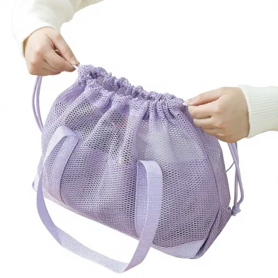 Summer Mesh Breathable Beach Bag Travel Wash Storage Large Size Hollow Tote Drawstring Bucket Folding Shopping Bag Luxury
