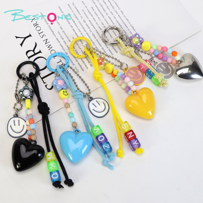 Cute Square Letters Beaded Keychain Smile Face Pendant Heart Charm for Ladies Bag Pendant Charms