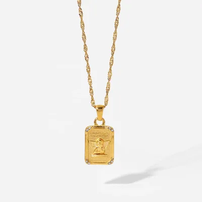 Square Zircon Embossed Angel Pendant Necklace Stainless Steel Gold Plated Gift Necklace for Women