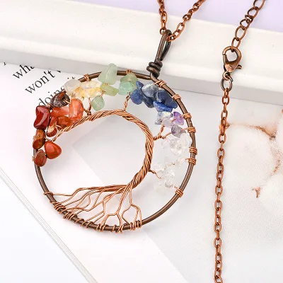 Chakra Crystal Brass Wire Crystal Natural Stone Necklace Reiki Pendants Women Gift Life of Tree Necklace
