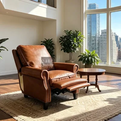 American Vintage Genuine Leather Manual Recliner Chair Nailhead Trim Push Back Armchair Adjustable Lounge Chair for Living Room