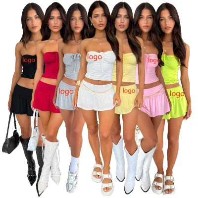 2024 Women's Spring and Summer New Sleeveless Pleated Top Sexy Miniskirt Suit Women 2 Piece Sets