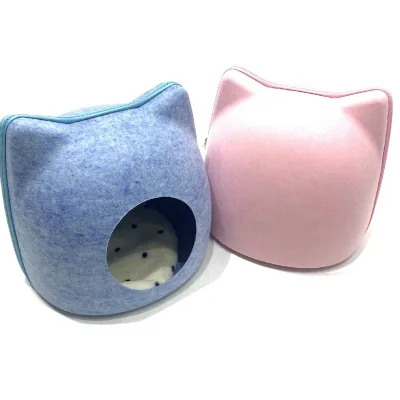 Felt Fabric Portable Cat Shape Pet Bed Cat Cave Sleeping Bag Zipper House Nest Cat Basket With Cushion