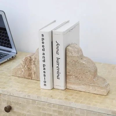 New Wave Pattern Natural Beige Travertine Bookends Study Room Supplies Book Stoppers Stone Carved Artwork Set of 2