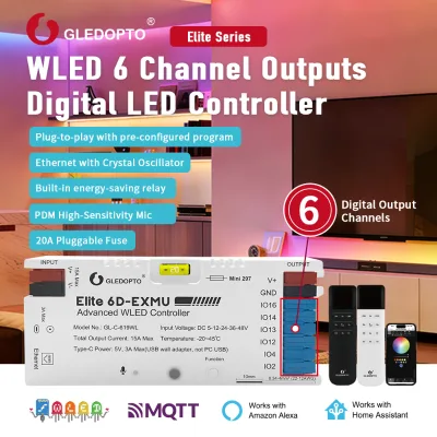 GLEDOPTO Elite 6D-EXMU RGB WLED Controller 6 Channel Outputs DC 5-48V 15A Plug-to-Plug Ethernet + WiFi Home Assistant Relay