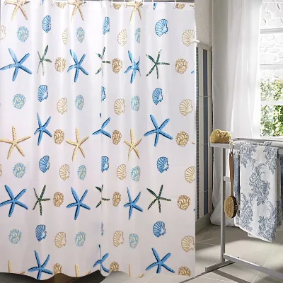 Blue Starfish and Seashells Translucent PEVA Liner Waterproof Shower Curtain Set for Bathroom