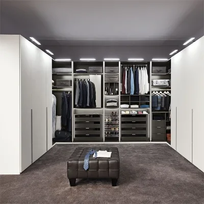 White & Grey Walk-In Closet System with Hanging Rods, Shoe Racks & Multi-Drawer System & Multi-Section Open & Closed Storage