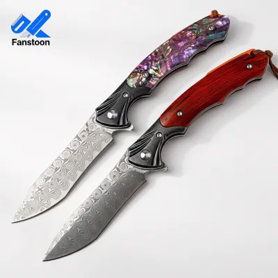 Stock Damascus Steel Red Sandalwood Resin Abalone Shell Handle Folding Knife for Home Daily Outdoor Camping Portable EDC Boxed