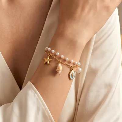 Tarnish Free Ocean Travel Waterproof Jewelry Gold Plated Stainless Steel Double Layer Dolphin Starfish Charm Bracelet