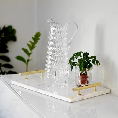 Wholesale Decor Luxury White Black Green Marble Serving Trays with Golden Handles for Home Hotels