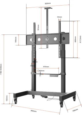 AUKI Verrijdbare Stalen Tv-kar Voor LCD, Zwenkwielen, Hoogte Verstelbaar, Zware Last, OEM/ODM, Stevig Frame.