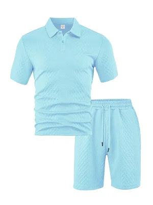 In Stock Men's 2 Pieces Athletic Jogging Suit Sets Casual Short Sleeve Quarter Pullover Lapel T Shirt and Sports Gym Shorts Set