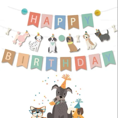 New Dog Happy Birthday Banner Animal Party Decoration Hanging Paper Banner Bunting Dog Birthday Party Supplies