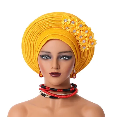 Luxury Women's Turban Caps Solid Pattern Satin Hijabs Ethnic African Bandanas Nigerian Wedding Party Aoto Gele Hair Wrap