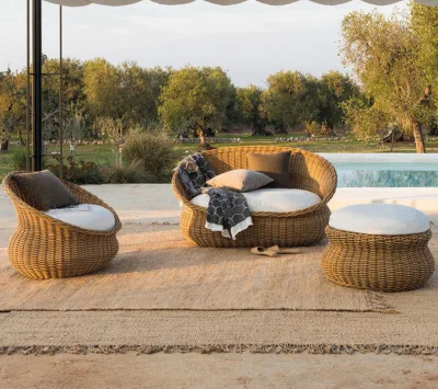 Outdoor Round Wooden Sofa Chair Patio Garden Woven Upholstered Sofa Rattan Waterproof Sunproof Leisure Chair With Metal Frame