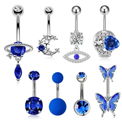 WT Stainless Steel Navy Blue Zircon butterfly Devil Eyes Pendant Belly Ring Belly Button Ring Navel Dangle Body Piercing Jewelry