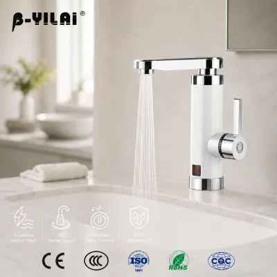 Instant Electric Water Faucet 3000W Tankless Glossy White Chrome Decor Rings Wide Arm Spout Single Lever Quick Heat