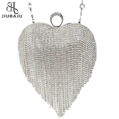 Rhinestone Evening Bag Heart Pattern Silver Handbag Womens Diamond Tassel Banquet Clutch and Purse
