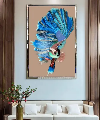 Home Decor Koi Artwork Framed Fish Enamel Wall Hanging Painting Luxury Tempered Glass Painting Art