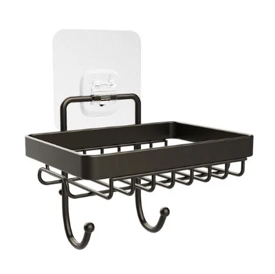 Self Adhesive Wall Mounted No Drilling Stainless Steel Shower Soap Dish Holder Soap Basket with Hooks