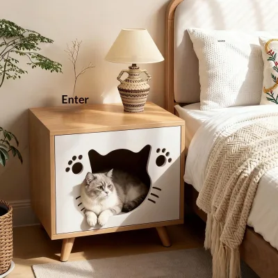 Cream-style Cat Bed-Side Table Small Solid Wood Cat House with Storage Cabinet for Bedroom Assembled