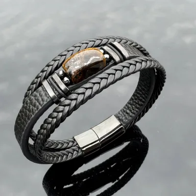 BMZ 2026 Wrapped Stainless Leather Bracelet with Good Quality tiger Eye Stone 21 CM