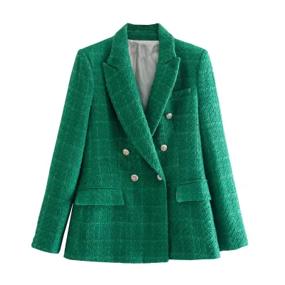 European American Women's Vintage Long Sleeve Blazer Spring Autumn Fashion Double-Breasted Tweed Plaid Suit Jacket Button