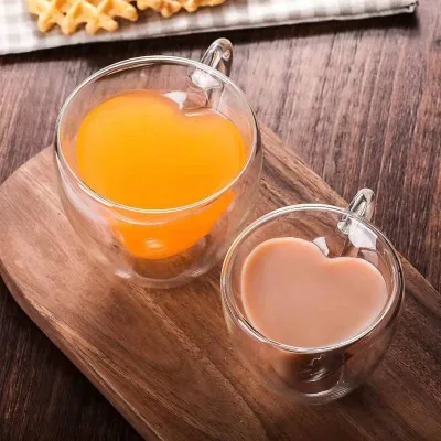 D6015 Creative Transparent Double-layer Heart-shaped Borosilicate Glass Cup Handle Clear Double-wall Glass Mug