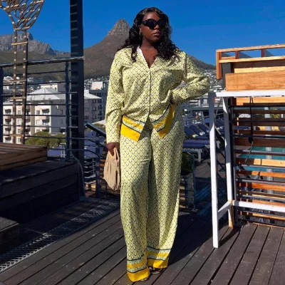 Chic Print Long Sleeve Shirt Blouse + Pants Set Women's Casual Clothing
