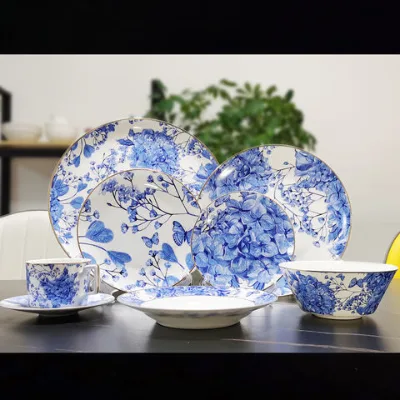Whole blue floral artistic durable bone china dinnerware set for party/restaurant/wedding/home