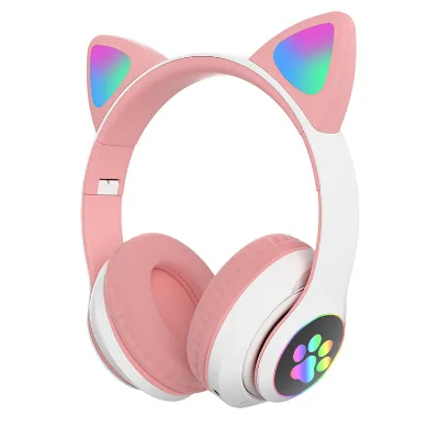 AKS28P Pink Cat Ear Wireless Headphones Girls Kids Macaron Kitty Design 40mm Diameter Waterproof DJ Mobile Phone Hearing Aid