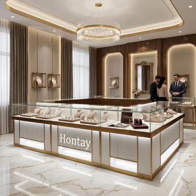 Modern Gold Frame Eco-Friendly Heavy Duty Jewelry Showcase Counter Fluted Base Design Dual LED Lighting for Retail Store Mall