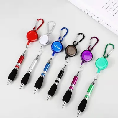 Metal Retractable Ballpoint Pen Keychain with Pull Cord and Carabiner for Promotional Gifts