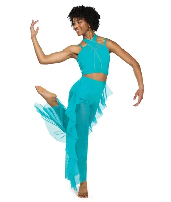 Turquoise 2 Piece Contemporary Dance Costume Halter Crop Top Mesh Ruffle Flare Pants Lyrical Stage Performance Dance Outfit