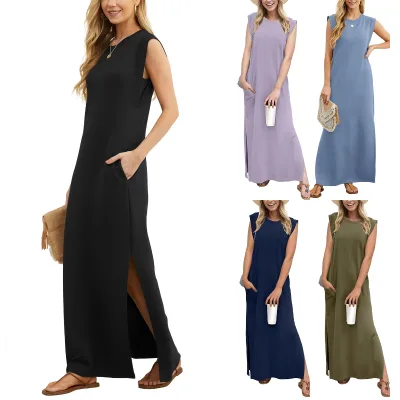 Summer Crew Neck Casual Loose Split Solid Color Long Beach Dress